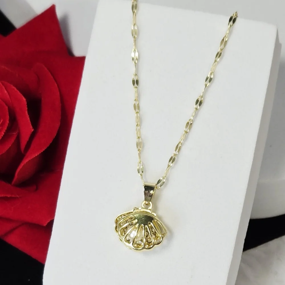 Gold Pearl Shell Pendant Necklace Stainless Steel CZ Crystal Coastal Jewelry